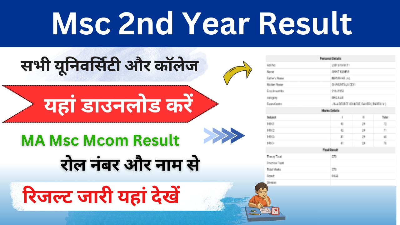 Msc 2nd Year Result 2024: (एमएससी रिजल्ट 2024) M.sc द्वितीय वर्ष रिजल्ट 2024 जारी यहां पर चेक करें