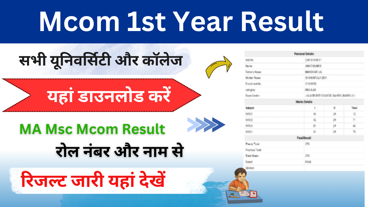 Mcom 1st Year Result 2024: (एमकॉम प्रथम वर्ष परिणाम 2024 जारी) M.com Result 2024 यहां से डाउनलोड करें